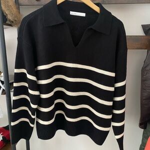 OAK + FORT V-Neck Sweater with Black and Cream Stripes